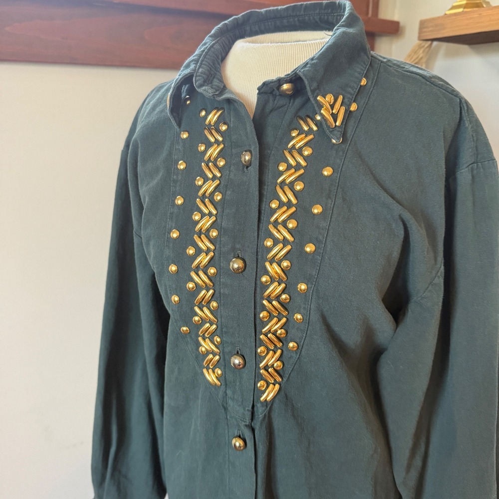 Vintage Dark Green Gold Embellished Western Glam Button Shirt 80s Medium - Picture 2 of 7